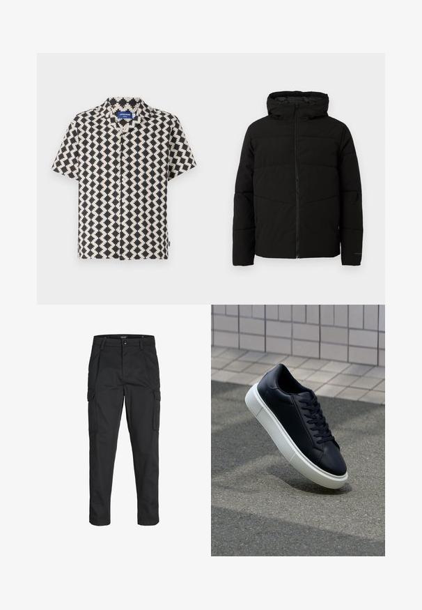 Giacca nera imbottita con cappuccio, dotata di zip frontale completa, cuciture orizzontali e polsini elasticizzati per una vestibilità aderente.; Camicetta a maniche corte con un motivo geometrico in crema e nero. Presenta un colletto e una chiusura con bottoni frontali. Realizzata in tessuto leggero.; Pantaloni cargo neri realizzati in un tessuto resistente, dotati di molteplici tasche, chiusura con bottone e un design aderente con gambe affusolate.; Sneaker in pelle nera con punta arrotondata e suola in gomma bianca. Presenta lacci piatti e cuciture minime sulla parte superiore. Suola testurizzata per una migliore aderenza.