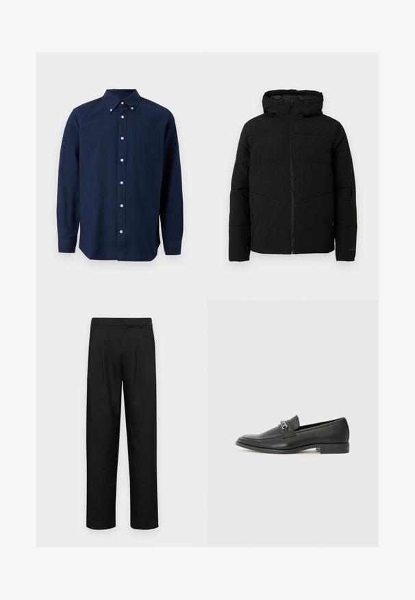 Black padded jacket with a hood, featuring a full front zipper, horizontal stitching, and elastic cuffs for a snug fit.; Navy blue long-sleeve button-up shirt with a chest pocket and button-down collar, displayed against a white background.; Black trousers made of smooth fabric, featuring a straight-leg design, two front pleats, and standard waistband with belt loops.; Black leather loafer with a smooth finish, featuring a stitched design and a decorative metal chain accent across the vamp. Flat heel.
