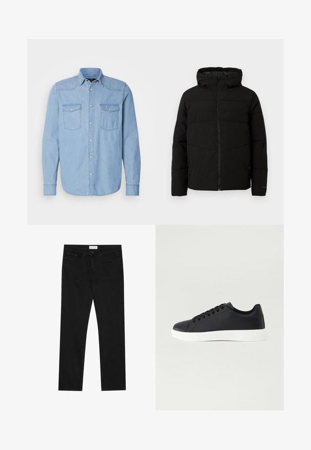 Chaqueta acolchada negra con capucha, que cuenta con un cierre frontal completo, costuras horizontales y puños elásticos para un ajuste ceñido.; Camisa de denim azul claro con mangas largas, dos bolsillos en el pecho, cierre frontal de botones y un color clásico con detalles de costura blanca.; Jeans negros de pierna recta con diseño de cinco bolsillos, cierre de botón y cremallera, y etiqueta de la marca Pier One en la cinturilla.; Pier One Zapatillas - black