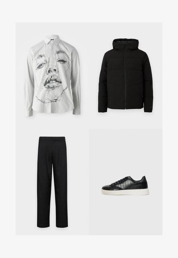 Chaqueta acolchada negra con capucha, que cuenta con un cierre frontal completo, costuras horizontales y puños elásticos para un ajuste ceñido.; Camisa de manga larga a rayas que presenta una ilustración de cara monocromática en el frente. La tela es suave, con un cuello clásico y detalles de botones.; Pantalones negros de tela suave, con un diseño de pierna recta, dos pliegues frontales y una cintura estándar con trabillas para el cinturón.; Zapatillas negras con parte superior de cuero con textura de cocodrilo en relieve, puntera redondeada y una suela de goma blanca contrastante con un acabado suave.