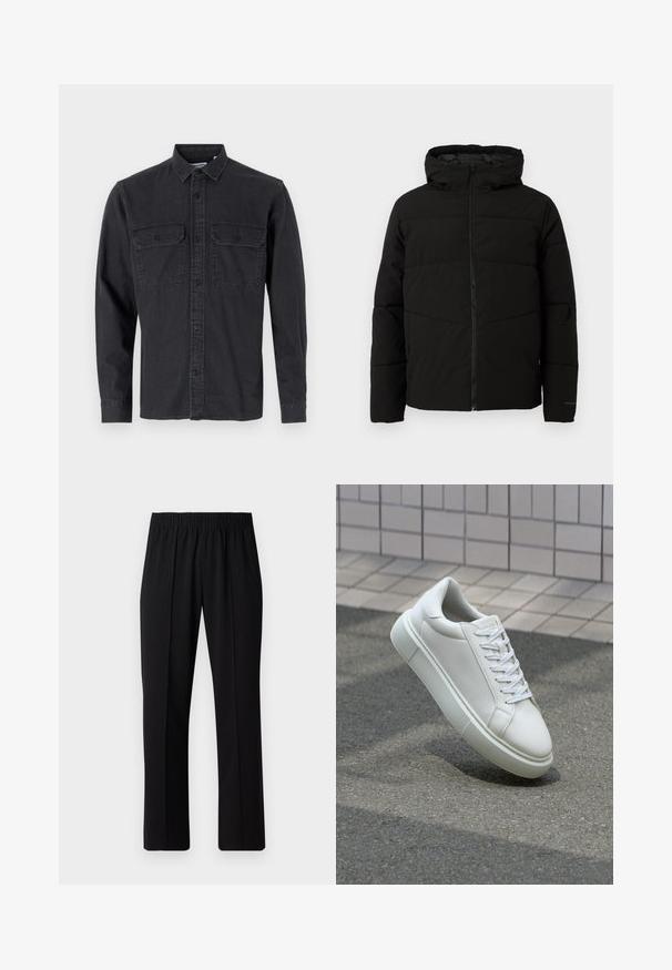 Schwarze gepolsterte Jacke mit Kapuze, ausgestattet mit einem durchgehenden Reißverschluss, horizontalen Nähten und elastischen Bündchen für eine enge Passform.; Langärmliges, dunkelgraues Hemd mit Knöpfen aus Baumwollmischung, das über zwei Brusttaschen und ein klassisches Kragendesign verfügt.; Schwarze, Gummibund-Hosen mit geradem Schnitt, die eine glatte Textur aufweisen und keine sichtbaren Muster oder Beschläge haben.; Weiße Leder-Sneaker mit glatter Oberfläche, runder Zehenpartie und flachen weißen Schnürsenkeln. Verfügt über eine strukturierte Gummisohle und minimalistische Designelemente.