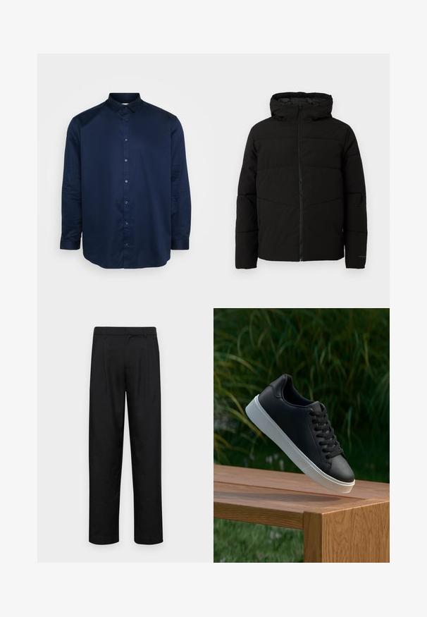 Chaqueta acolchada negra con capucha, que cuenta con un cierre frontal completo, costuras horizontales y puños elásticos para un ajuste ceñido.; Camisa de botones azul marino hecha de tela suave, con un collar clásico, mangas largas y una placket frontal de botones con botones a juego.; Pantalones negros de tela suave, con un diseño de pierna recta, dos pliegues frontales y una cintura estándar con trabillas para el cinturón.; Zapatilla negra de cuero con una textura suave, suela de goma blanca y seis ojetes para cordones, exhibida sobre una superficie de madera.