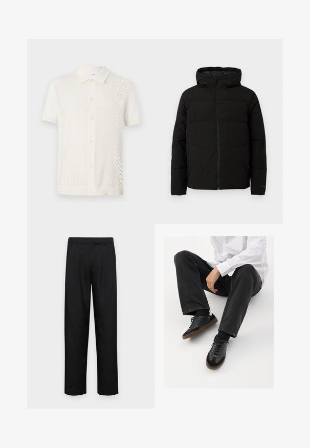 Veste matelassée noire avec capuche, dotée d'une fermeture zippée sur toute la longueur, de surpiqûres horizontales et de poignets élastiques pour un ajustement confortable.; Polo à manches courtes de couleur crème en tricot, avec un design texturé et à motifs, doté de boutons et d'un col classique.; Pantalons noirs en tissu lisse, avec une coupe droite, deux plis avant et une taille standard avec passants de ceinture.; Sneakers noirs avec un dessus lisse et texturé, dotés d'une semelle en caoutchouc et de lacets sombres. Associés à un jean noir et une chemise blanche à rayures.
