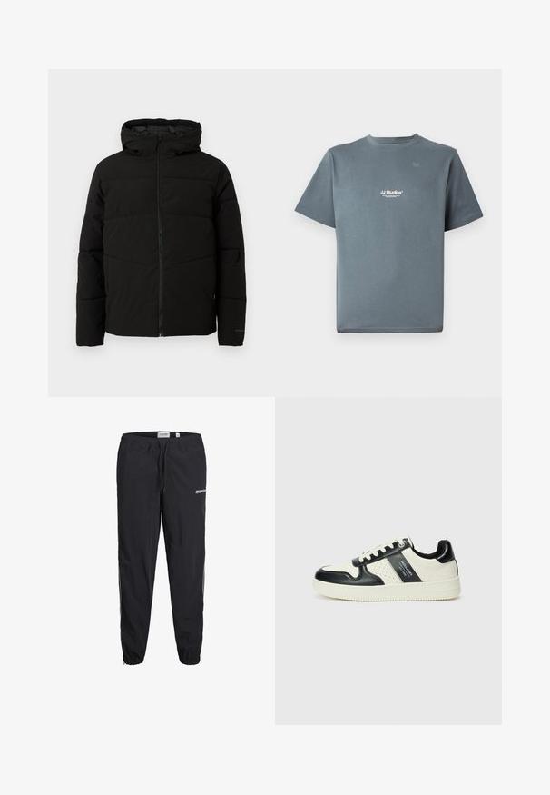 Fekete párnázott kabát kapucnival, teljes elülső cipzárral, vízszintes varrással és elasztikus mandzsettákkal a szoros illeszkedés érdekében.; Szürke pamut póló, kerek nyakkal, rövid ujjakkal és egy kis fehér "JJ Studios" logóval a mellkason. Simogatós textúra és laza szabás.; Fekete sportnadrág, rugalmas derékpánttal, húzózsinórral és mandzsettás bokákkal. Elöl logóval és kontrasztos oldalsávokkal rendelkezik.; Fekete és krém színű bőrsneaker, perforált díszítésekkel, párnázott bokapánttal és texturált talppal.