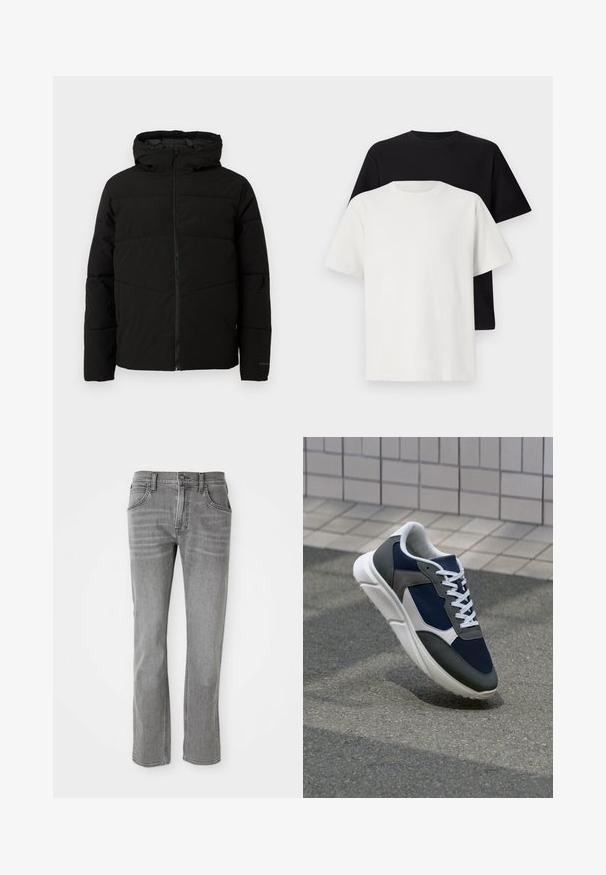 Μαύρο επενδεδυμένο μπουφάν με κουκούλα, διαθέτει πλήρες μπροστινό φερμουάρ, οριζόντια ραφή και ελαστικές μανσέτες για άνετη εφαρμογή.; Σετ βαμβακερών μπλούζων με σκούρο μπλουζάκι και λευκό μπλουζάκι, και τα δύο με κοντά μανίκια, στρογγυλή λαιμόκοψη και κανονική εφαρμογή. Υφασμάτινη υφή.; Γκρίζα τζιν παντελόνια με σχέδιο ευθείας γραμμής, πέντε τσέπες και διακριτική φθορά. Διαθέτουν κλείσιμο με μεταλλικό κουμπί και θηλάκια ζώνης.; Αθλητικά παπούτσια με επάνω μέρος από ναυτικό μπλε διχτυωτό ύφασμα, γκρι σουέτ λεπτομέρειες, λευκή καουτσούκ σόλα και επίπεδα λευκά κορδόνια, σχεδιασμένα για άνεση και αερισμό.