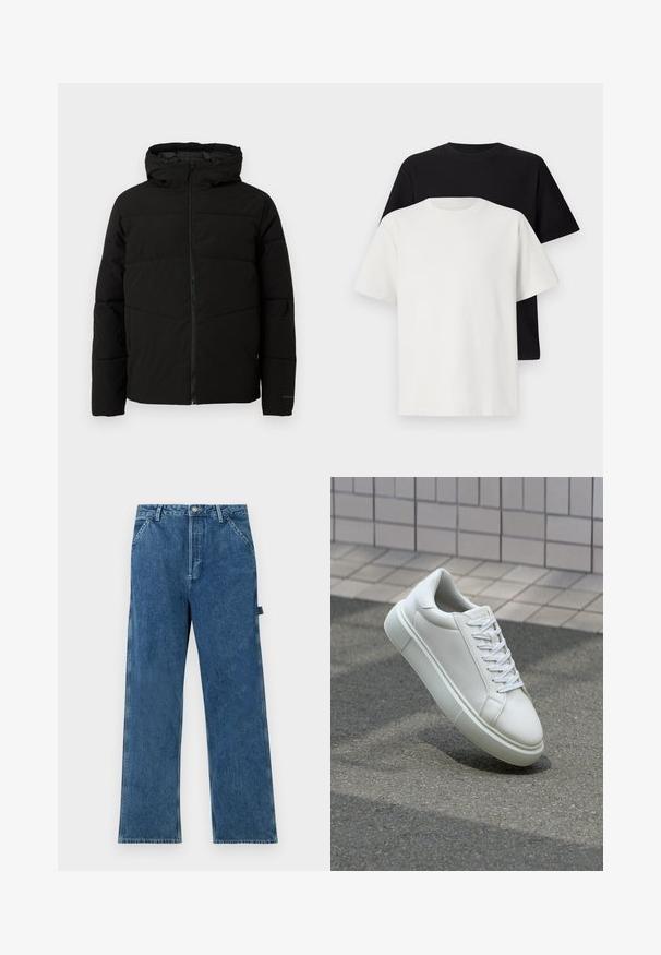 Juodas pūkuotas džemperis su kapišonu, turintis viso ilgio užtrauktuką, horizontaliu siuvinėjimu ir elastingomis rankogaliais, užtikrinančiais patogų prigludimą.; Medvilniniai marškiniai, kuriuos sudaro juodas ir baltas marškinėliai, abu su trumpomis rankovėmis, apvaliu iškirpimu ir standartiniu sijonu. Tekstūruota medžiaga.; Mėlyni džinsai su tiesiu siluetu, aukštu liemeniu, penkių kišenių dizainu ir subtiliu audinio išblukimu.; Balti odiniai sportbačiai su lygiu paviršiumi, apvalia nosimi ir plokščiomis baltomis raištelėmis. Yra tekstūruotas gumos padas ir minimalizmas dizaino elementuose.