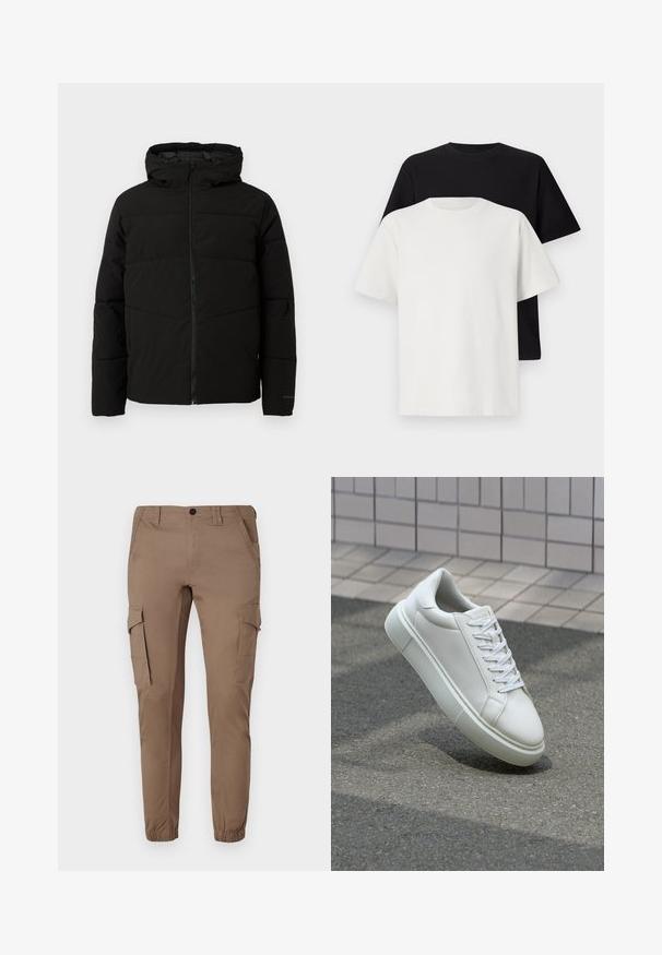 Chaqueta acolchada negra con capucha, que cuenta con un cierre frontal completo, costuras horizontales y puños elásticos para un ajuste ceñido.; Conjunto de camisetas de algodón que incluye una camiseta negra y una blanca, ambas con mangas cortas, escote redondo y corte estándar. Tejido texturizado.; Pantalones cargo de color marrón claro con puños elásticos, múltiples bolsillos laterales y un diseño ajustado, confeccionados con un material suave y duradero.; Zapatilla de cuero blanca con una superficie lisa, punta redonda y cordones blancos planos. Presenta una suela de goma texturizada y elementos de diseño mínimos.
