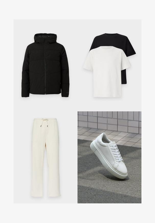 Czarna, pikowana kurtka z kapturem, z pełnym zapięciem na zamek z przodu, poziomym przeszyciem i elastycznymi mankietami dla lepszego dopasowania.; Zestaw bawełnianych t-shirtów zawierający czarną i białą koszulkę, obie z krótkimi rękawami, okrągłym dekoltem i standardowym krojem. Teksturowana tkanina.; Kremowe, prążkowane spodnie dresowe z elastycznym paskiem i sznurkiem, z dwoma bocznymi kieszeniami i prostym krojem nogawek.; Białe skórzane trampki z gładką powierzchnią, okrągłym noskiem i płaskimi białymi sznurowadłami. Posiadają teksturowaną gumową podeszwę oraz minimalistyczne elementy projektowe.