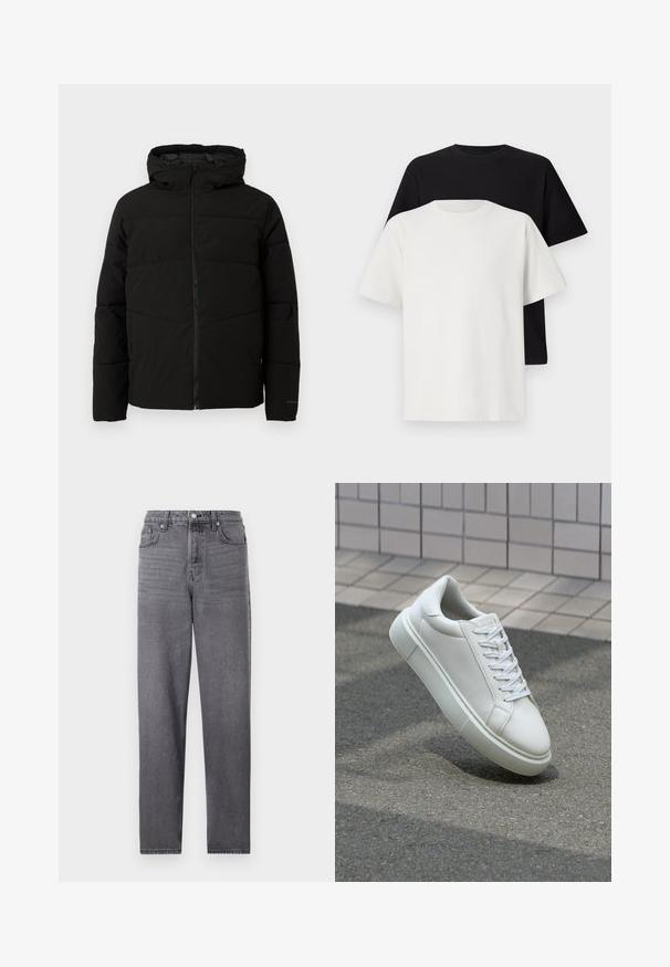 Svart polstret jakke med hette, med full front glidelås, horisontale sømmer og elastiske mansjetter for en tettsittende passform.; Sett med bomull t-skjorter bestående av en svart topp og en hvit topp, begge med korte ermer, rund hals og standard passform. Teksturet stoff.; Grå denimjeans med rette ben, fem lommer, metallknap-lukning og subtilt falmet tekstur over det hele.; Hvit lær sneaker med glatt overflate, rund tå og flate hvite snøringer. Har en teksturert gummisåle og minimale design elementer.