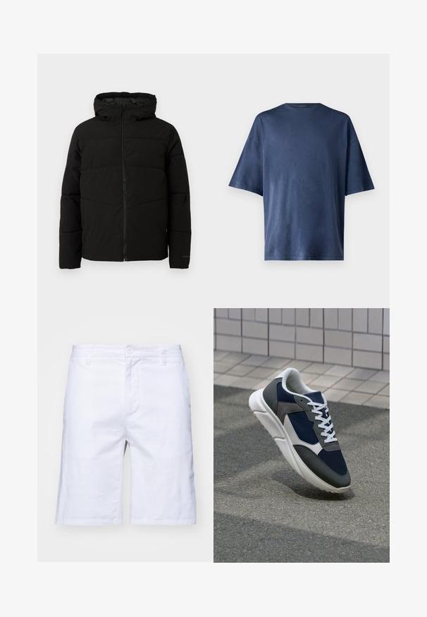 Czarna, pikowana kurtka z kapturem, z pełnym zapięciem na zamek z przodu, poziomym przeszyciem i elastycznymi mankietami dla lepszego dopasowania.; Granatowa koszulka z krótkim rękawem, wykonana z miękkiego materiału, z klasycznym okrągłym dekoltem i luźnym krojem, bez widocznych wzorów czy akcentów.; Białe bawełniane szorty o prostym kroju, z zamkiem błyskawicznym i zapięciem na guzik. Posiadają boczne kieszenie i gładką powierzchnię.; Sneakers z granatową siateczkową cholewką, szarymi zamszowymi akcentami, białą gumową podeszwą i płaskimi białymi sznurówkami, zaprojektowane z myślą o komforcie i wentylacji.