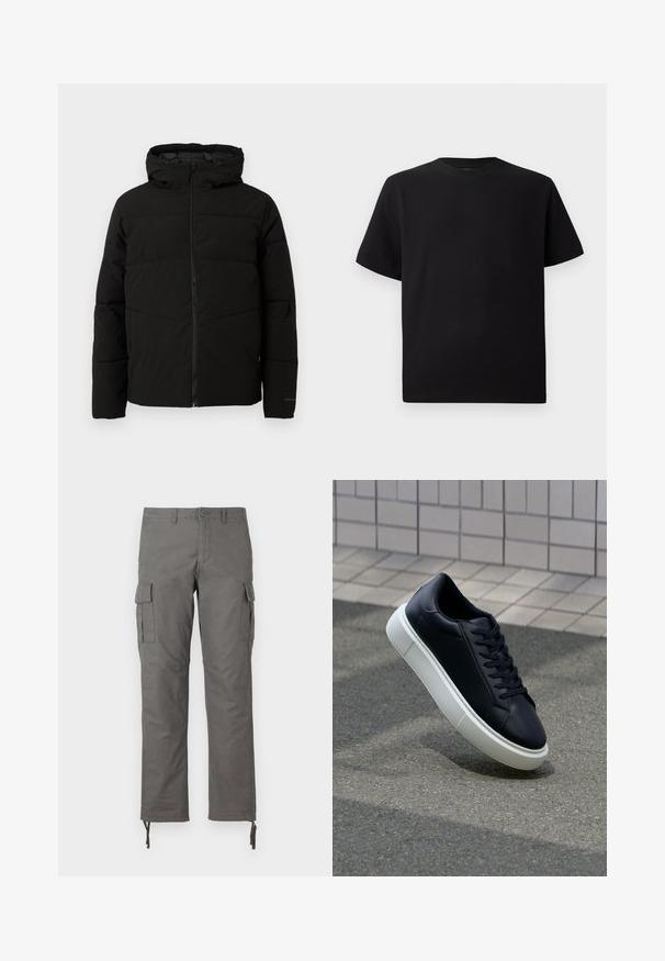 Crna jakna s podlogom i kapuljačom, s punim prednjim patentnim zatvaračem, horizontalnim šavovima i elastičnim manžetama za udoban fit.; Crna majica kratkih rukava od teksturiranog materijala, s okruglim izrezom i opuštenim krojem. Jednostavna, bez uzoraka ili naglasaka.; Sive cargo hlače s ravnim krojem, više bočnih džepova i podešavanim zatvaračima na gležnjem. Izrađene od izdržljivog materijala.; Crne kožne tenisice s zaobljenim vrhom i bijelim gumiranim potplatom. Imaju ravne vezice i minimalno šivanje na gornjem dijelu. Teksturirani potplat za bolje prianjanje.