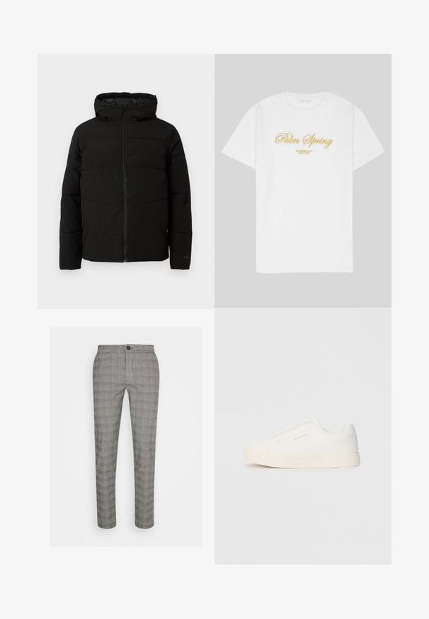 Crna jakna s podlogom i kapuljačom, s punim prednjim patentnim zatvaračem, horizontalnim šavovima i elastičnim manžetama za udoban fit.; Bijela pamučna majica s zlatnim tekstom koji glasi "Palm Spring" s natpisom "California Love Eighty Five" ispod, opuštenog kroja, s okruglim izrezom.; Sive karirane hlače ravnog kroja, izrađene od lagane tkanine. Imaju zatvaranje na jedan gumb i suptilnu teksturu.; Bijele slip-on tenisice s teksturiranom površinom, debelim đonom i minimalističkim dizajnom. Sadrže logo branda sa strane.