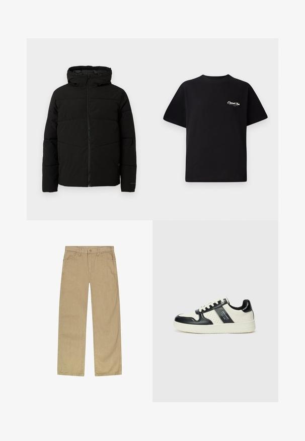 Čierna zateplená bunda s kapucňou, s celoplošným zipsom, horizontálnym prešívaním a elastickými manžetami pre tesné priliehanie.; Čierne bavlnené tričko s okrúhlym výstrihom, krátkymi rukávmi a malým bielym logom na ľavej hrudi. Jednoduchý dizajn, klasický strih.; Béžové bavlnené twill nohavice so strihom rovného nohu, piatimi vreckami, zapínaním na tlačidlo vpredu a medenými nitmi pre väčšiu odolnosť.; Kožené tenisky v čierno-krémovej farbe, s perforovanými akcentmi, polstrovaným golierom a štruktúrovanou podrážkou.
