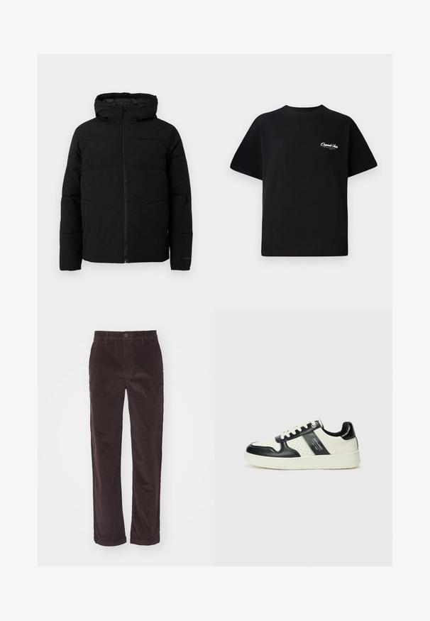 Schwarze gepolsterte Jacke mit Kapuze, ausgestattet mit einem durchgehenden Reißverschluss, horizontalen Nähten und elastischen Bündchen für eine enge Passform.; Schwarzes Baumwoll-T-Shirt mit Rundhalsausschnitt, kurzen Ärmeln und kleinem weißen Logotext auf der linken Brust. Schlichtes Design, klassischer Schnitt.; Braune Cordhosen mit geradem Schnitt, Knopfverschluss und aufgekrempelten Säumen, die eine vertikale Rippstruktur zeigen.; Leder-Sneaker in Schwarz- und Cremetönen, mit perforierten Akzenten, einem gepolsterten Kragen und einer strukturierten Laufsohle.