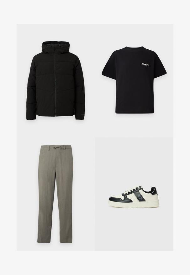 Svart polstret jakke med hette, med full front glidelås, horisontale sømmer og elastiske mansjetter for en tettsittende passform.; Svart bomull t-skjorte med rund hals, korte ermer og liten hvit logo-tekst på venstre bryst. Enkel design, klassisk passform.; Herre let grå, linen-blanding bukser med elastisk talje, lige ben og subtil tekstur; har standardlommer og ingen synlige mønstre.; Lædersneakers med sort og creme farveskema, der har perforerede detaljer, en polstret krave og en struktureret ydersål.