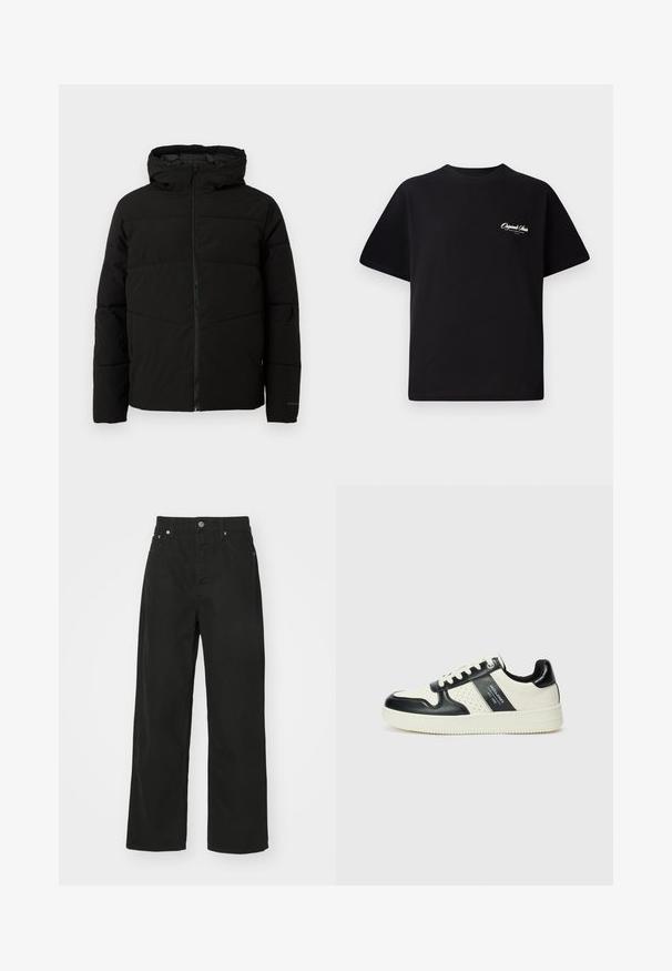 Zwarte gewatteerde jas met capuchon, voorzien van een volledige ritssluiting aan de voorkant, horizontale stiksels en elastische manchetten voor een snug fit.; Zwarte katoenen t-shirt met een ronde hals, korte mouwen en kleine witte logo-tekst op de linkerkant van de borst. Eenvoudig ontwerp, klassieke pasvorm.; Zwarte denim broek met een rechte pijpdesign, voorzien van vijf zakken, een knoopsluiting en een klassieke tailleband. Glad textuur.; Leren sneakers met een zwart en crèmekleurig kleurenschema, voorzien van geperforeerde accenten, een gevoerde kraag en een gestructureerde buitenzool.