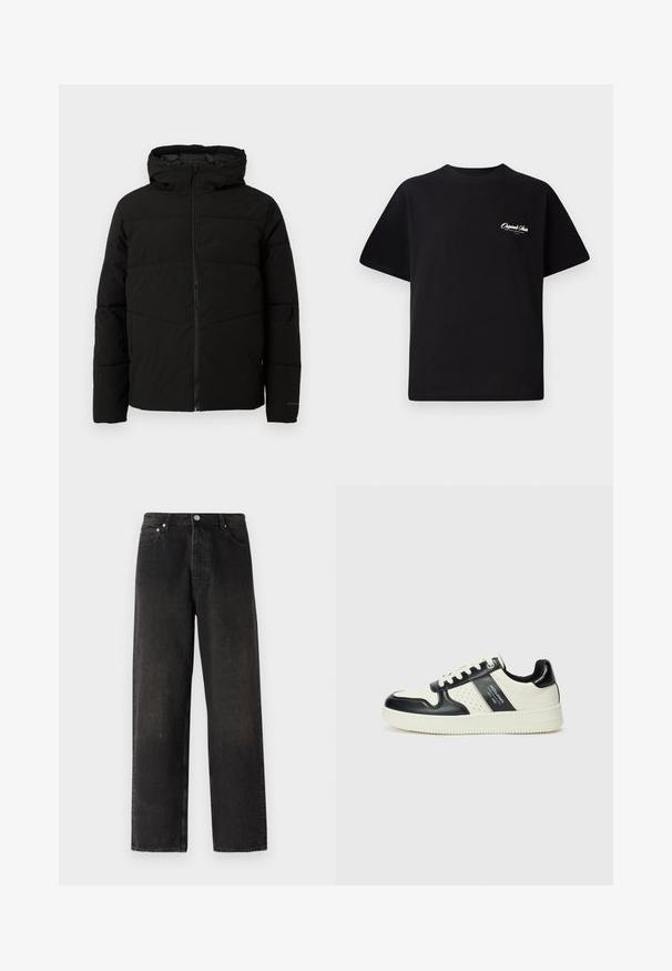 Chaqueta acolchada negra con capucha, que cuenta con un cierre frontal completo, costuras horizontales y puños elásticos para un ajuste ceñido.; Camiseta de algodón negra con cuello redondo, mangas cortas y pequeño texto en blanco del logo en el lado izquierdo del pecho. Diseño simple, corte clásico.; Jeans de denim negro con un diseño de pierna recta, que cuentan con un estilo de cinco bolsillos, botón de latón y sutiles variaciones en la textura de la tela.; Zapatillas de cuero con un esquema de colores negro y crema, que cuentan con acentos perforados, un collar acolchado y una suela texturizada.