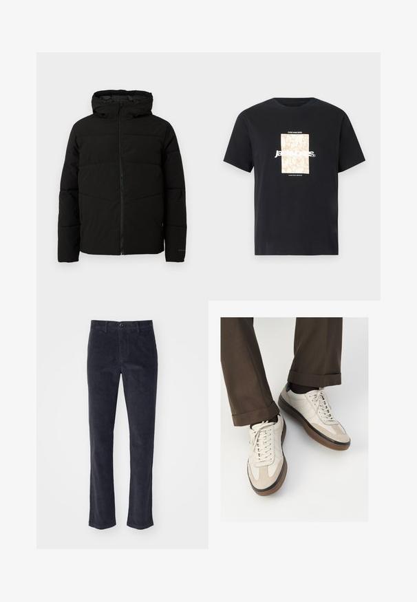 Schwarze gepolsterte Jacke mit Kapuze, ausgestattet mit einem durchgehenden Reißverschluss, horizontalen Nähten und elastischen Bündchen für eine enge Passform.; Schwarzes Baumwoll-T-Shirt mit Rundhalsausschnitt. Hat eine beige rechteckige Grafik und weißen Text "JAWO", zentriert auf der Vorderseite. Kurze Ärmel.; Dunkelgraue Cordhosen mit geradem Bein, ausgestattet mit einem vorderen Knopfverschluss und Seitentaschen. Weicher Stoff mit vertikalen Rillen.; Beige Sneakers mit einer strukturierten Wildlederfront, glatten Lederseiten und einer braunen Gummisohle. Bändel und helle Nähdetails sind enthalten.