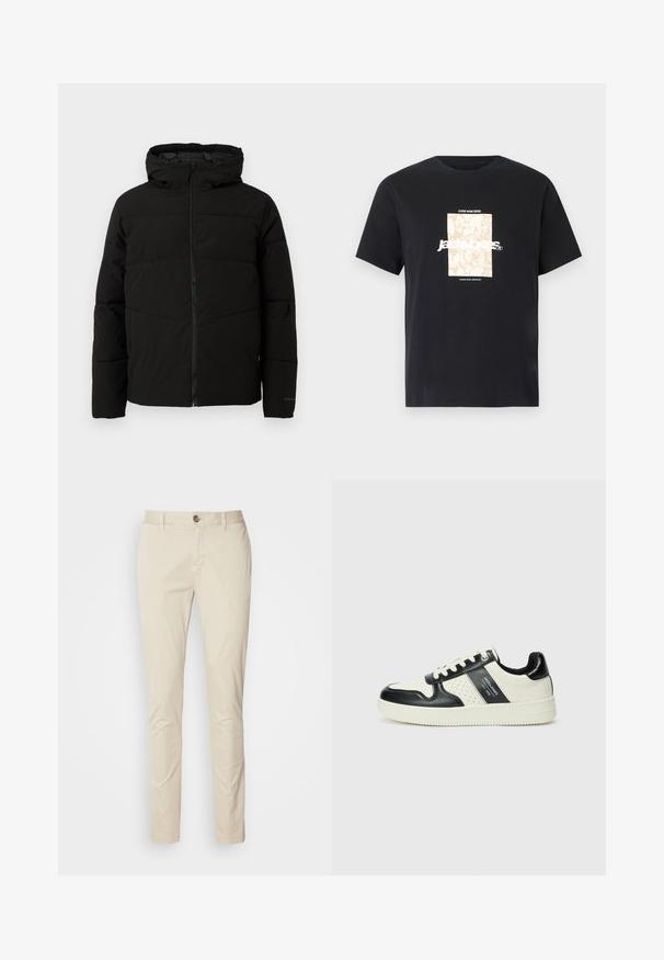 Veste matelassée noire avec capuche, dotée d'une fermeture zippée sur toute la longueur, de surpiqûres horizontales et de poignets élastiques pour un ajustement confortable.; T-shirt noir en coton avec col rond. Présente un graphique rectangulaire beige et un texte blanc "JAWO" centré sur le devant. Manches courtes.; Pantalons en coton beige avec une coupe slim, dotés d'une fermeture à bouton, de poches latérales et d'une texture lisse. Aucun motif ou accent visible.; Baskets en cuir avec un schéma de couleurs noir et crème, dotées d'accents perforés, d'un col rembourré et d'une semelle texturée.