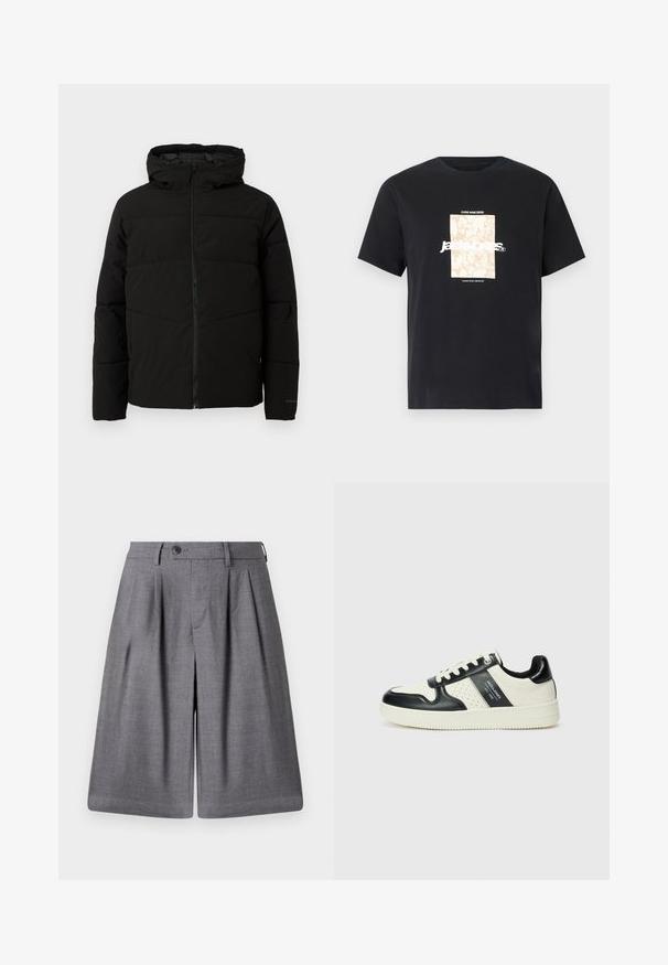 Črno podloženo jakno s kapuco, ki ima popoln sprednji zadrgo, vodoravne šive in elastične manšete za tesno prileganje.; Črna bombažna majica s krožnim izrezom. Ima bež pravokoten grafični vzorec in belo besedilo "JAWO," sredi spredaj. Kratke rokave.; Sive prirejene kratke hlače iz gladkega materiala, z gubami, gumbom in urejenim pasom za strukturiran fit.; Usnjeni športni čevlji z črno in krem barvno shemo, ki vključujejo perforirane dodatke, podložen ovratnik in strukturirano podplat.