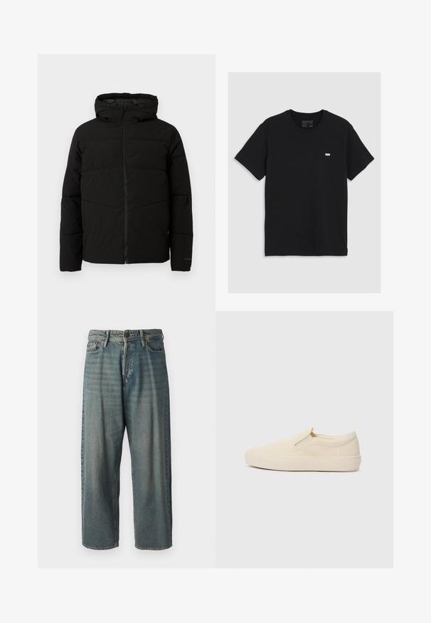 Svart polstret jakke med hette, med full front glidelås, horisontale sømmer og elastiske mansjetter for en tettsittende passform.; Svart bomulls t-skjorte med korte ermer, rund halslinning, har en liten hvit Levi's-logo på brystet, glatt tekstur, klassisk passform.; Lyseblå denimjeans med løs passform, midjehøyde og rette ben. Har fem lommer, beltehemper og knappelukking.; Beige slip-on sko laget av lerret med gummisåle. Har elastiske sidepaneler og en jevn tekstur. Enkelt, avrundet design.