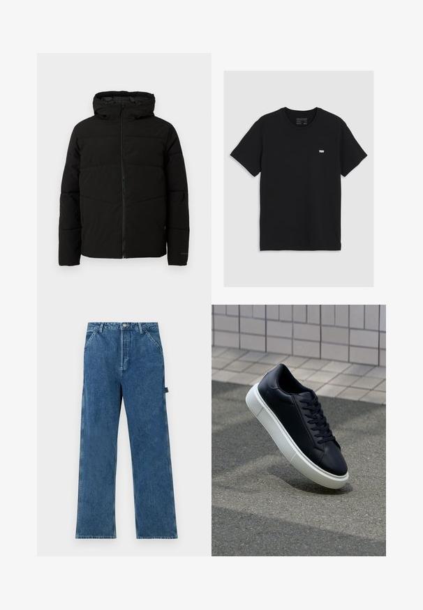 Crna jakna s podlogom i kapuljačom, s punim prednjim patentnim zatvaračem, horizontalnim šavovima i elastičnim manžetama za udoban fit.; Crna pamučna majica kratkih rukava, okrugli izrez, ima mali bijeli Levi's logo na prsima, glatka tekstura, klasičan kroj.; Plave traperice ravnog kroja, s visokim strukom, pet džepovima i suptilnim blijeđenjem na tkanini.; Crne kožne tenisice s zaobljenim vrhom i bijelim gumiranim potplatom. Imaju ravne vezice i minimalno šivanje na gornjem dijelu. Teksturirani potplat za bolje prianjanje.