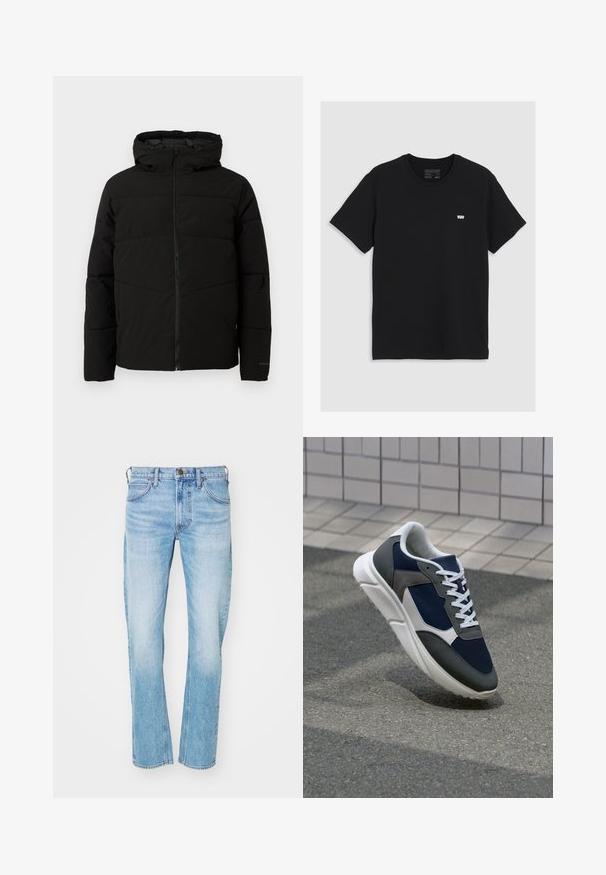 Casaco acolchoado preto com capuz, apresentando um fecho de correr frontal completo, costuras horizontais e punhos elásticos para um ajuste confortável.; T-shirt de algodão preto com mangas curtas, decote redondo, apresenta um pequeno logotipo branco da Levi's no peito, textura suave, corte clássico.; Jeans de ganga azul claro com corte de perna reta, design de cinco bolsos e costuras visíveis. Apresenta um botão de metal e passadores para o cinto.; Sapatilha com parte superior em malha azul-marinho, detalhes em camurça cinza, sola de borracha branca e atacadores brancos planos, projetada para conforto e respirabilidade.