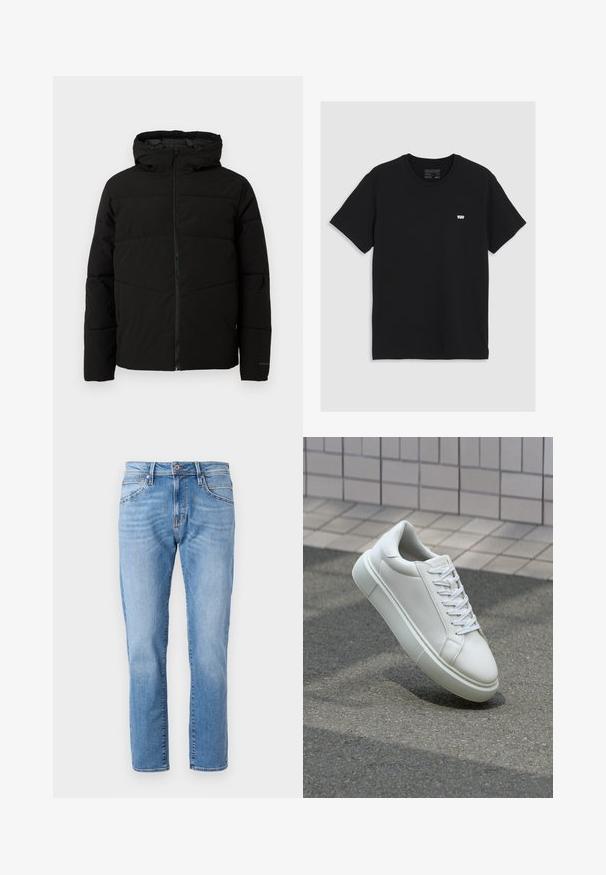 Mustat vuorattuja takki, jossa on huppu, täysi etuvetoketju, vaakasuorat saumat ja joustavat hihansuut tiiviiseen istuvuuteen.; Musta puuvillapaita lyhyillä hihoilla, pyöreä pääntie, jossa on pieni valkoinen Levi's-logo rinnassa, sileä pinta, klassinen istuvuus.; Vaaleansiniset farkut suoranlahkeisella leikkauksella, klassinen viiden taskun malli, hienoinen kuluminen ja kontrastivärinen nappisuljenta vyötäröllä.; Valkoinen nahkainen lenkkari, jossa on sileä pinta, pyöreä kärki ja tasaiset valkoiset nauhat. Varustettu teksturoidulla kumi-pohjalla ja vähäisillä muotoiluelementeillä.