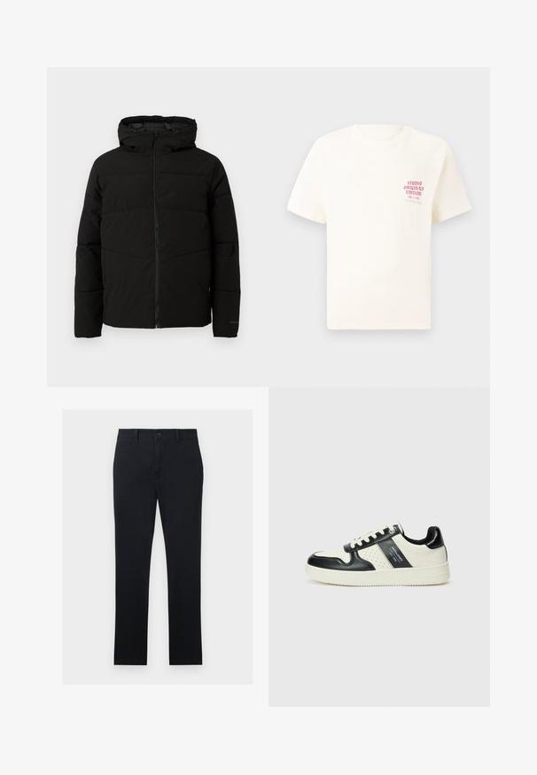 Svart polstret jakke med hette, med full front glidelås, horisontale sømmer og elastiske mansjetter for en tettsittende passform.; Hvit T-skjorte med korte ermer og rød tekst "Studio Originals Edition" på venstre bryst, vist på en nøytral grå bakgrunn.; Svarte chinos laget av bomullsstoff, med rette ben, en frontknappelukking og to sidelommer. Glatt tekstur, minimal detaljering.; Lædersneakers med sort og creme farveskema, der har perforerede detaljer, en polstret krave og en struktureret ydersål.