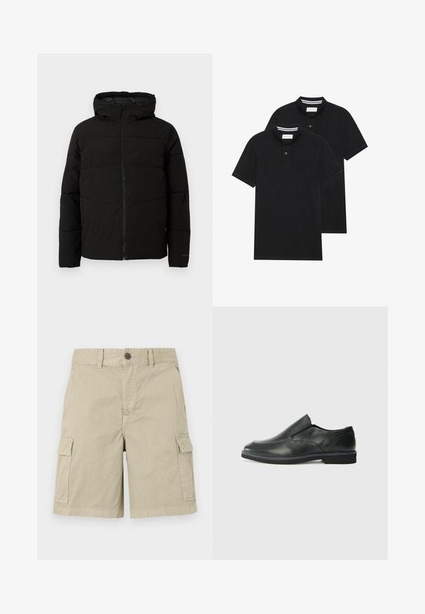 Zwarte gewatteerde jas met capuchon, voorzien van een volledige ritssluiting aan de voorkant, horizontale stiksels en elastische manchetten voor een snug fit.; Twee zwarte polo shirts, met korte mouwen, van katoen, met een klassieke kraag, een knoopsluiting met twee knopen en witte gestreepte accenten aan de binnenkant van de kraag.; Beige cargoshorts van katoen, met zijzakken, een knoopsluiting en een recht gesneden ontwerp met een casual uitstraling.; Zwarte leren instapper met een soepele bovenkant, gestikte accenten, ronde neus en een lage rubberen hak. De zool heeft minimale profiel.