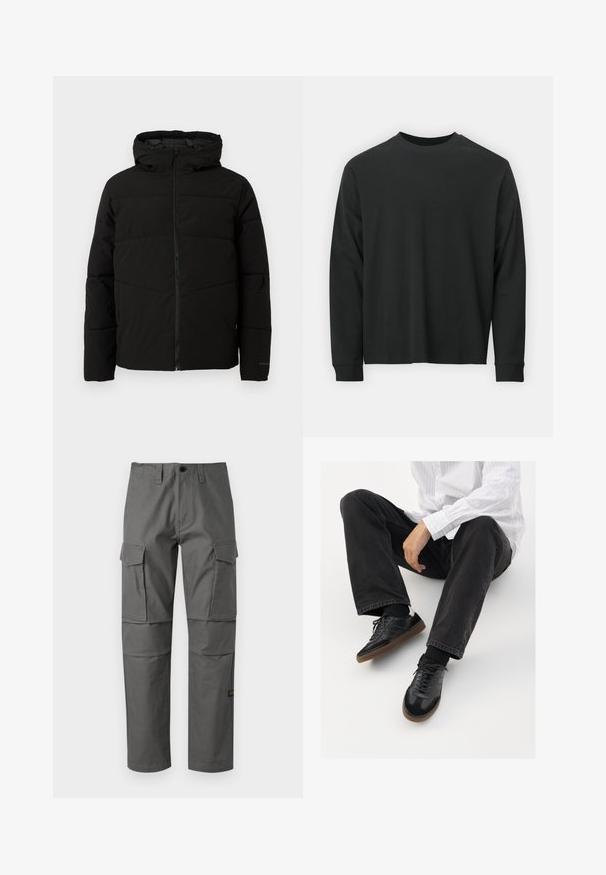 Svart polstret jakke med hette, med full front glidelås, horisontale sømmer og elastiske mansjetter for en tettsittende passform.; Langermet svart T-skjorte laget av bomull, med rund hals, løs passform og ribbestrikkede mansjetter. Glatt tekstur uten synlige mønstre.; Grå cargo-bukser laget av slitesterkt stoff, med rett ben-design, flere sidelommer og synlige sømdetaljer.; Svarte joggesko med en glatt og teksturert overflate, med gummisåle og mørke snører. Kombinert med svarte jeans og en hvit stripet skjorte.