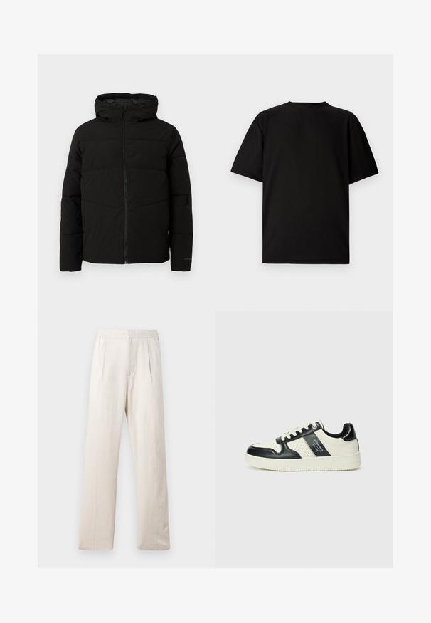 Schwarze gepolsterte Jacke mit Kapuze, ausgestattet mit einem durchgehenden Reißverschluss, horizontalen Nähten und elastischen Bündchen für eine enge Passform.; Schwarzes kurzärmeliges T-Shirt aus geripptem Stoff. Mit rundem Halsausschnitt und lockerer Passform sowie glatter Textur. Nur Rückansicht.; Helle beigefarbene weiter Hose aus strukturiertem Stoff mit einem elastischen Bund und zwei Vorderfalten für zusätzlichen Detailreichtum.; Leder-Sneaker in Schwarz- und Cremetönen, mit perforierten Akzenten, einem gepolsterten Kragen und einer strukturierten Laufsohle.