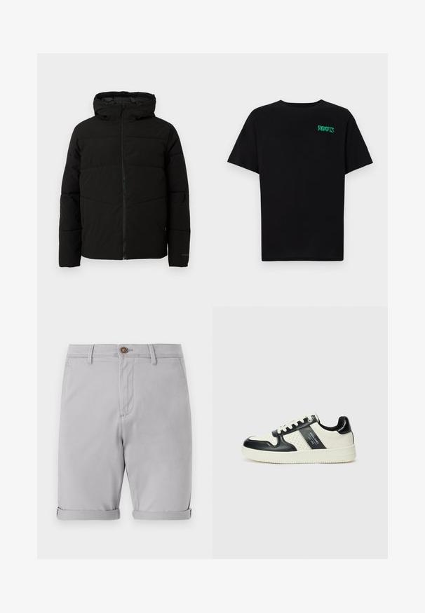 Must esmakad ja kapuutsiga must paks jakk, millel on täispikk lukus, horisontaalne õmblus ja elastsed mansetid, mis tagavad mugava istuvuse.; Must t-särk, mis on valmistatud puuvillast, lühikeste varrukatega. Esipaneelil on roheline "ROOTS" logo, ümmargune kaelus ja tavapärane lõige.; Heledad hallisest puuvillast lühikesed püksid volditud äärtega, ühe ees oleva nuppuga kinnituse ja küljetaskutega, millel on sile tekstuur ja kohandatud disain.; Nahatud nahkkingad musta ja kreemi värviskeemiga, millel on perforeeritud aktsendid, pehme krae ja tekstureeritud tallad.