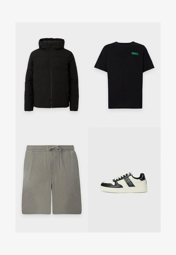 Black padded jacket with a hood, featuring a full front zipper, horizontal stitching, and elastic cuffs for a snug fit.; Black t-shirt made of cotton with short sleeves. Features a green "ROOTS" logo on the front, round neckline, and standard fit.; Light gray shorts made of textured fabric. Features an elastic waistband, drawstring, and side pocket. Simple, straight-cut design.; Leather sneakers with a black and cream color scheme, featuring perforated accents, a padded collar, and a textured outsole.