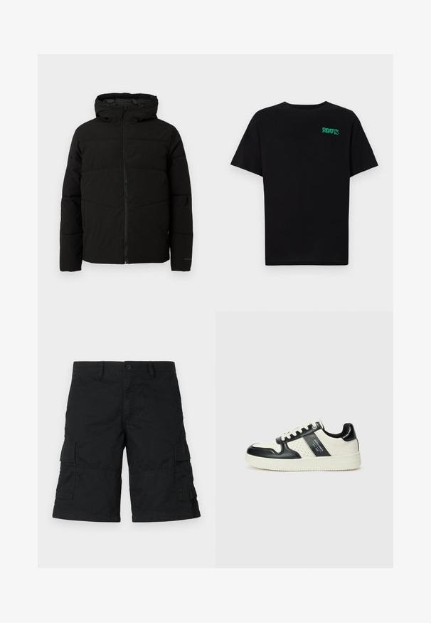 Crna jakna s podlogom i kapuljačom, s punim prednjim patentnim zatvaračem, horizontalnim šavovima i elastičnim manžetama za udoban fit.; Crna majica kratkih rukava od pamuka. Na prednjem dijelu se nalazi zeleni "ROOTS" logo, okrugli izrez i standardni kroj.; Crne cargo kratke hlače od laganog materijala; sadrže dva bočna džepa i dva džepa s preklopom; ravnog kroja s opuštenim fitom.; Kožne tenisice s crno-bijelom paletom boja, koje imaju perforirane akcentne detalje, podstavljeni ovratnik i teksturiranu potplat.