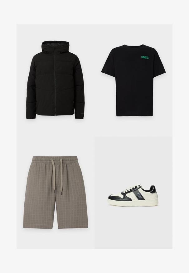 Veste matelassée noire avec capuche, dotée d'une fermeture zippée sur toute la longueur, de surpiqûres horizontales et de poignets élastiques pour un ajustement confortable.; T-shirt noir en coton à manches courtes. Présente un logo "ROOTS" vert sur le devant, un col rond et une coupe standard.; Shorts bruns texturés avec une taille élastique et un cordon de serrage ajustable ; caractéristiques d'un tissu doux et léger avec un motif à carreaux.; Baskets en cuir avec un schéma de couleurs noir et crème, dotées d'accents perforés, d'un col rembourré et d'une semelle texturée.