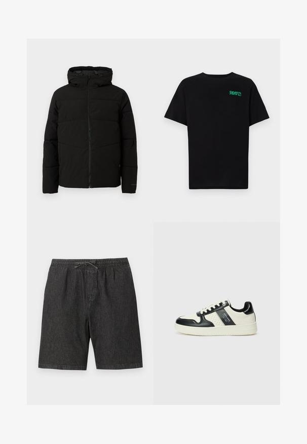 Jachetă neagră căptușită cu glugă, având un fermoar complet pe față, cusături orizontale și manșete elastice pentru o fixare strânsă.; Tricou negru din bumbac, cu mâneci scurte. Prezintă un logo verde "ROOTS" pe față, guler rotund și o potrivire standard.; Șorturi negre din denim cu talie elastică și șnur reglabil. Prezintă buzunare laterale și o croială lejeră și relaxată.; Tenisi din piele cu un scheme de culori negru și crem, dotati cu accente perforate, guler căptușit și o talpă texturată.