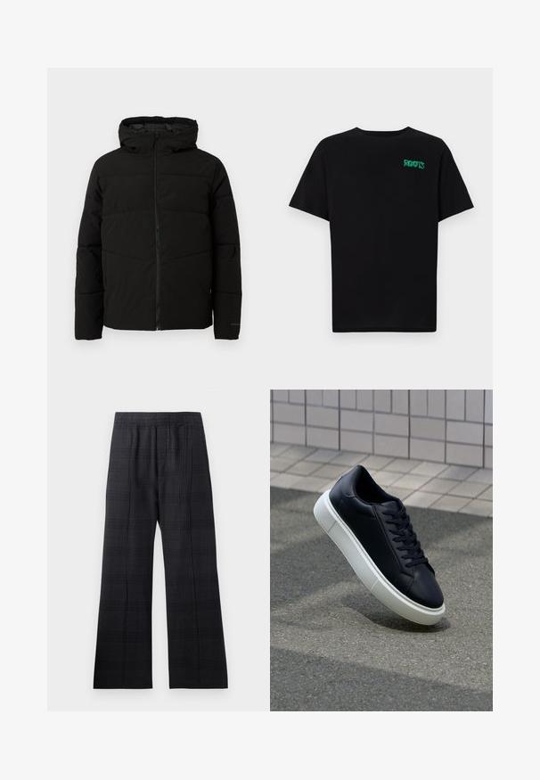 Čierna zateplená bunda s kapucňou, s celoplošným zipsom, horizontálnym prešívaním a elastickými manžetami pre tesné priliehanie.; Čierne tričko s krátkymi rukávmi vyrobené z bavlny. Na prednej strane má zelené logo "ROOTS", okrúhly výstrih a štandardný strih.; Čierne kárované nohavice s elastickým pásom, širokým strihom, textúrovanou tkaninou a jemným károvaným vzorom po celom povrchu.; Čierne kožené tenisky s okrúhlou špičkou a bielou gumovou podrážkou. Majú ploché šnúrky a minimálne šitie na vrchu. Textúrovaná podrážka pre lepšiu priľnavosť.