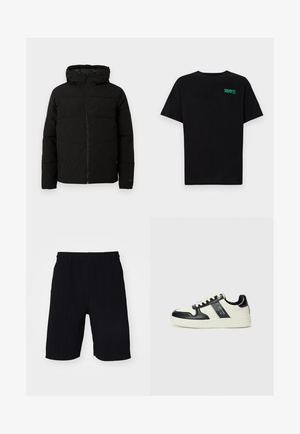 Μαύρο επενδεδυμένο μπουφάν με κουκούλα, διαθέτει πλήρες μπροστινό φερμουάρ, οριζόντια ραφή και ελαστικές μανσέτες για άνετη εφαρμογή.; Μαύρη μπλούζα φτιαγμένη από βαμβάκι με κοντά μανίκια. Διαθέτει το πράσινο λογότυπο "ROOTS" μπροστά, στρογγυλή λαιμόκοψη και κανονική εφαρμογή.; Only & Sons ONSASHER PLEATED PLISSEE  - Σορτς - black; Δερμάτινα sneakers με μαύρο και κρεμ χρωματικό σχέδιο, με διάτρητες λεπτομέρειες, επενδεδυμένο κολάρο και υφή στη σόλα.