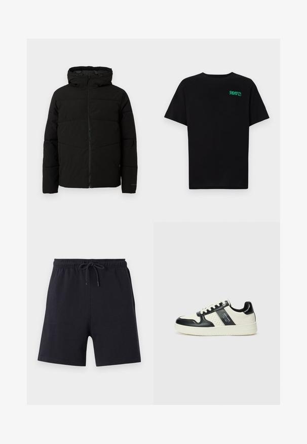 Schwarze gepolsterte Jacke mit Kapuze, ausgestattet mit einem durchgehenden Reißverschluss, horizontalen Nähten und elastischen Bündchen für eine enge Passform.; Schwarzes T-Shirt aus Baumwolle mit kurzen Ärmeln. Auf der Vorderseite befindet sich ein grünes "ROOTS"-Logo, es hat einen runden Halsauschnitt und eine normale Passform.; Schwarze Baumwollshorts mit elastischem Bund und Kordelzug, in einem schlichten Design und mit glatter Textur.; Leder-Sneaker in Schwarz- und Cremetönen, mit perforierten Akzenten, einem gepolsterten Kragen und einer strukturierten Laufsohle.