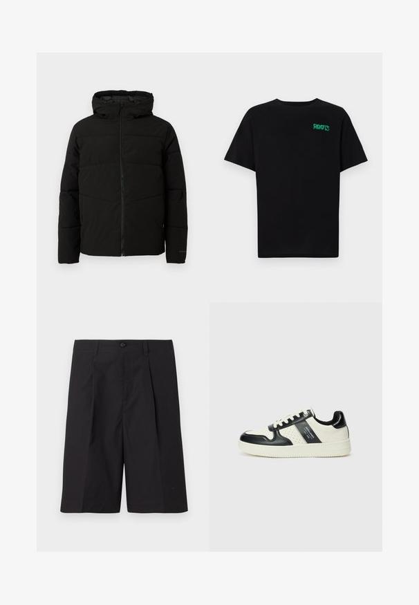 Czarna, pikowana kurtka z kapturem, z pełnym zapięciem na zamek z przodu, poziomym przeszyciem i elastycznymi mankietami dla lepszego dopasowania.; Czarna koszulka z bawełny z krótkim rękawem. Posiada zielone logo "ROOTS" z przodu, okrągły dekolt i standardowy krój.; Czarne dopasowane szorty wykonane z lekkiego materiału, z fałdami, zapięciem na guzik oraz prostym dołem. Gładka struktura i brak widocznych wzorów.; Skórzane sneakersy w czarno-kremowym schemacie kolorystycznym, z perforowanymi akcentami, wyściełanym kołnierzem i teksturowaną podeszwą.