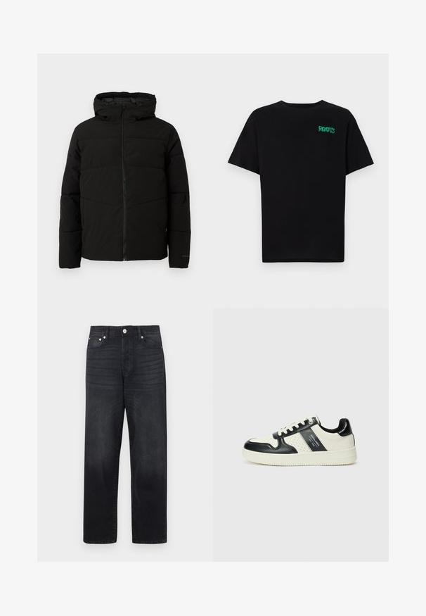 Veste matelassée noire avec capuche, dotée d'une fermeture zippée sur toute la longueur, de surpiqûres horizontales et de poignets élastiques pour un ajustement confortable.; T-shirt noir en coton à manches courtes. Présente un logo "ROOTS" vert sur le devant, un col rond et une coupe standard.; Jean en denim noir avec une coupe droite, design à cinq poches, fermeture à bouton en métal et décoloration subtile du tissu.; Baskets en cuir avec un schéma de couleurs noir et crème, dotées d'accents perforés, d'un col rembourré et d'une semelle texturée.