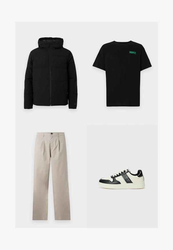 Fekete párnázott kabát kapucnival, teljes elülső cipzárral, vízszintes varrással és elasztikus mandzsettákkal a szoros illeszkedés érdekében.; Fekete, pamutból készült póló rövid ujjakkal. Elöl zöld "ROOTS" logóval, kerek nyakkivágással és normál szabással.; Bézs színű, egyenes szabású nadrág, amely egyetlen redővel, négy zsebbel és elöl gombos záródással rendelkezik, könnyű pamut anyagból készült.; Fekete és krém színű bőrsneaker, perforált díszítésekkel, párnázott bokapánttal és texturált talppal.