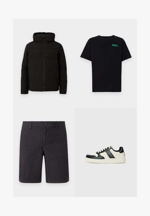 Fekete párnázott kabát kapucnival, teljes elülső cipzárral, vízszintes varrással és elasztikus mandzsettákkal a szoros illeszkedés érdekében.; Fekete, pamutból készült póló rövid ujjakkal. Elöl zöld "ROOTS" logóval, kerek nyakkivágással és normál szabással.; Sötétszürke, szövött anyagból készült rövidnadrág, gombos zárással, övhurkokkal és egyenes láb desigggal, tiszta szegélyekkel és oldalzsebekkel.; Fekete és krém színű bőrsneaker, perforált díszítésekkel, párnázott bokapánttal és texturált talppal.