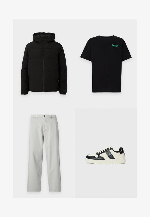 Fekete párnázott kabát kapucnival, teljes elülső cipzárral, vízszintes varrással és elasztikus mandzsettákkal a szoros illeszkedés érdekében.; Fekete, pamutból készült póló rövid ujjakkal. Elöl zöld "ROOTS" logóval, kerek nyakkivágással és normál szabással.; Világosszürke, egyenes szárú nadrág sima, szőtt anyagból. Elöl gombos záródással és oldalsó zsebekkel rendelkezik. Minimalista stílus.; Fekete és krém színű bőrsneaker, perforált díszítésekkel, párnázott bokapánttal és texturált talppal.