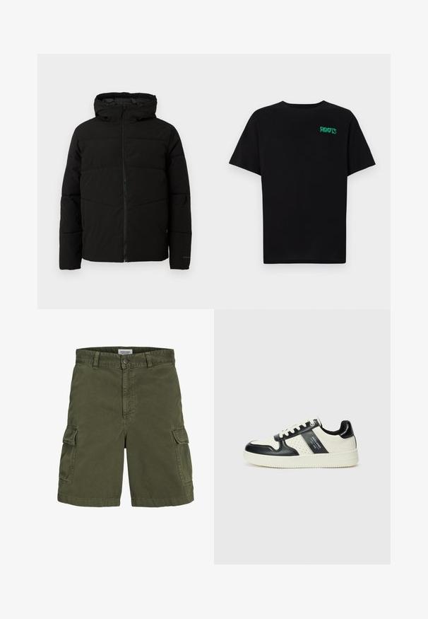Fekete párnázott kabát kapucnival, teljes elülső cipzárral, vízszintes varrással és elasztikus mandzsettákkal a szoros illeszkedés érdekében.; Fekete, pamutból készült póló rövid ujjakkal. Elöl zöld "ROOTS" logóval, kerek nyakkivágással és normál szabással.; Olivazöld cargo sort, pamutból készült, amely cipzáras záródással, övrögzítőkkel, oldalsó zsebekkel és egyenes szabással rendelkezik.; Fekete és krém színű bőrsneaker, perforált díszítésekkel, párnázott bokapánttal és texturált talppal.