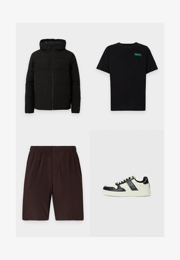 Czarna, pikowana kurtka z kapturem, z pełnym zapięciem na zamek z przodu, poziomym przeszyciem i elastycznymi mankietami dla lepszego dopasowania.; Czarna koszulka z bawełny z krótkim rękawem. Posiada zielone logo "ROOTS" z przodu, okrągły dekolt i standardowy krój.; Brązowe, plisowane szorty z elastycznym paskiem i kieszeniami, wykonane z lekkiego materiału. Długość dołka sięga tuż nad kolano.; Skórzane sneakersy w czarno-kremowym schemacie kolorystycznym, z perforowanymi akcentami, wyściełanym kołnierzem i teksturowaną podeszwą.