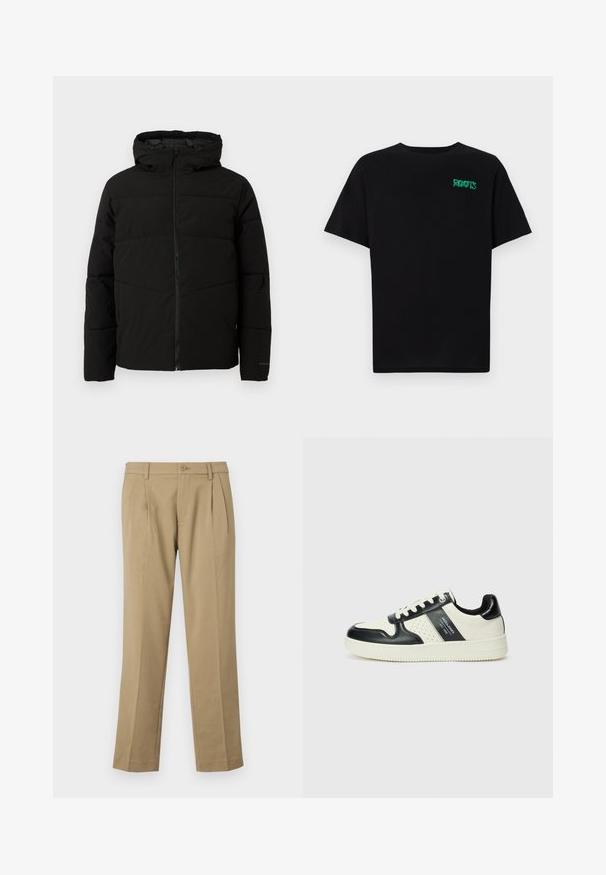 Chaqueta acolchada negra con capucha, que cuenta con un cierre frontal completo, costuras horizontales y puños elásticos para un ajuste ceñido.; Camiseta negra de algodón con mangas cortas. Presenta un logo verde "ROOTS" en el frente, escote redondo y corte estándar.; Pantalones tan de tela suave, con dos pliegues frontales, cierre de botones y piernas rectas con un dobladillo limpio.; Zapatillas de cuero con un esquema de colores negro y crema, que cuentan con acentos perforados, un collar acolchado y una suela texturizada.