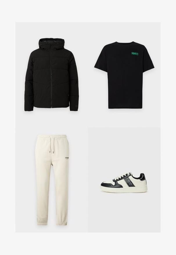 Schwarze gepolsterte Jacke mit Kapuze, ausgestattet mit einem durchgehenden Reißverschluss, horizontalen Nähten und elastischen Bündchen für eine enge Passform.; Schwarzes T-Shirt aus Baumwolle mit kurzen Ärmeln. Auf der Vorderseite befindet sich ein grünes "ROOTS"-Logo, es hat einen runden Halsauschnitt und eine normale Passform.; Beige Sweatpants mit elastischem Bund und Bündchen, versehen mit einem kleinen schwarzen Logo auf dem oberen linken Bein.; Leder-Sneaker in Schwarz- und Cremetönen, mit perforierten Akzenten, einem gepolsterten Kragen und einer strukturierten Laufsohle.