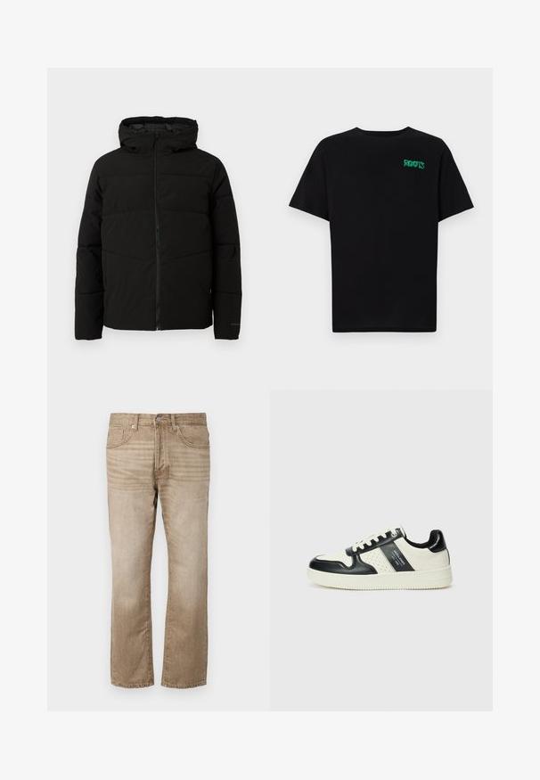 Melnā polsterētā jaka ar kapuci, ar pilnīgu priekšējo rāvējslēdzēju, horizontālām šuvēm un elastīgām piedurknēm ciešai piegulšanai.; Melna kokvilnas t-kreka ar īsām piedurknēm. Uz priekšu ir zaļa "ROOTS" logo, apaļa kakla izgriezums un standarta piegriezums.; Bežīgi džinsi ar taisno kāju dizainu, pieci kabatas, ar pogu aizdari un viegli nodilumu gar audumu.; Ādas sporta apavi ar melnbaltu krāsu shēmu, ar perforētiem akcentiem, mīkstinātu apkakli un teksturētu zoli.
